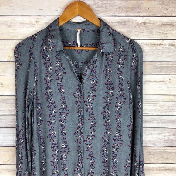 Free People | Grey Floral Shirt Mini Dress Size XS - Picture 4 of 8